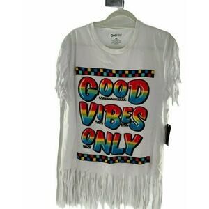 On Fire T-Shirt Womens Size 1X Hippie Graphic Fringe Sleeves Hem Relaxed Fit Tee